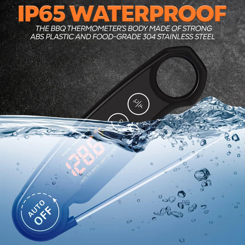 1 Second Instant Read Meat Thermometer Rechargeable Digital Kitchen Thermometer For Fast And Accurate Cooking Like A Pro For Grill And BBQ Waterproof Probe Thermometer showcasing IP65 waterproof feature submerged in water with digital display.