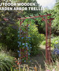 7 Foot Wooden Arbor Trellis With Flat Top For Climbing Plants Garden Decor Outdoor Ready To Assemble Cedar Frame Moisture Resistant Yard Or Patio Backyard Vibe shown in garden setting with lush foliage and blue flowers climbing.