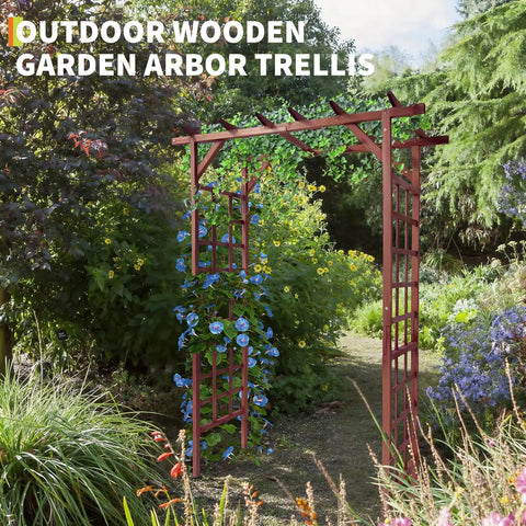 7 Foot Wooden Arbor Trellis With Flat Top For Climbing Plants Garden Decor Outdoor Ready To Assemble Cedar Frame Moisture Resistant Yard Or Patio Backyard Vibe shown in garden setting with lush foliage and blue flowers climbing.