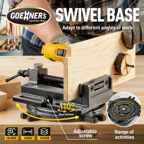 Bench Vise Built Tough As Nails In Forged Steel, 4-1/4 Inch Capacity Drill Press Vise securing wood with 110° swivel base