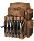 Drift Series 3700 Tackle Backpack With QuikLatch System and Two Rod Holders Coyote Color displaying tackle trays and pouches