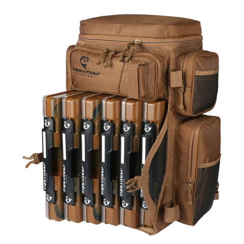 Drift Series 3700 Tackle Backpack With QuikLatch System and Two Rod Holders Coyote Color displaying tackle trays and pouches