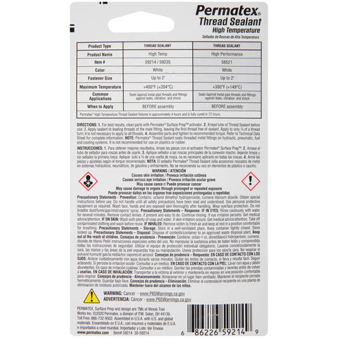 Back of packaging for Permatex High Temperature Thread Sealant showing product details and instructions.