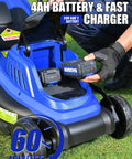 40V 16 Inch Brushless Electric Cordless Lawn Mower For Small Yards With Easy Start, Quiet Operation, And Wide Cutting Path For Quick, Hassle Free Lawn Care That Makes Mowing A Breeze. Battery compartment with 20V 4Ah batteries