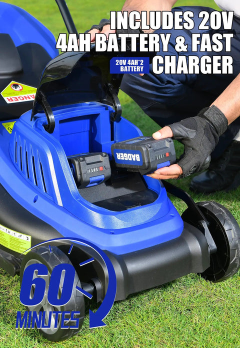 40V 16 Inch Brushless Electric Cordless Lawn Mower For Small Yards With Easy Start, Quiet Operation, And Wide Cutting Path For Quick, Hassle Free Lawn Care That Makes Mowing A Breeze. Battery compartment with 20V 4Ah batteries
