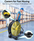 Person moving 24 Inch Industrial Drum Fan With 320W High Velocity Power, 3 Speed Heavy Duty Metal Air Circulator, in a warehouse