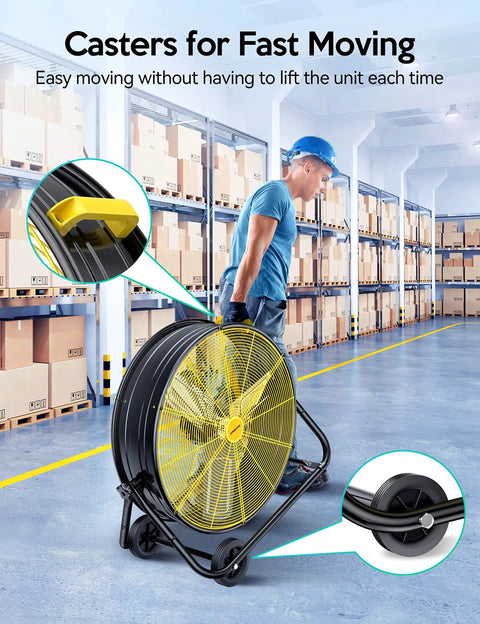 Person moving 24 Inch Industrial Drum Fan With 320W High Velocity Power, 3 Speed Heavy Duty Metal Air Circulator, in a warehouse