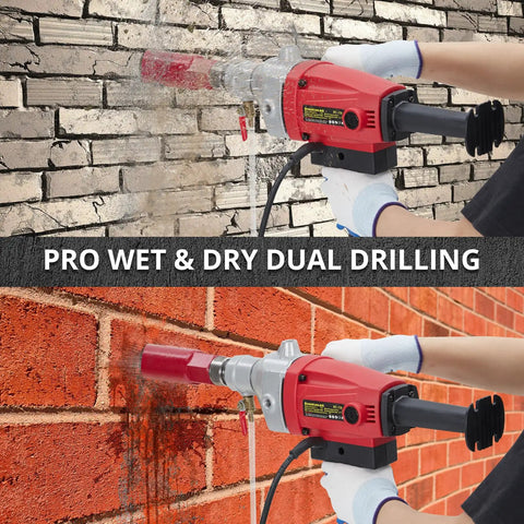 Powerful Beast 1500W 2 In 1 Wet And Dry Handheld Concrete Core Drill With Diamond Core Bits drilling into brick and concrete walls.