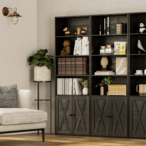 Industrial Bookshelf With Doors, 6 Tier Floor Standing Bookcase, Heavy Duty Display Shelf, solid wood rack, organized knick knacks.