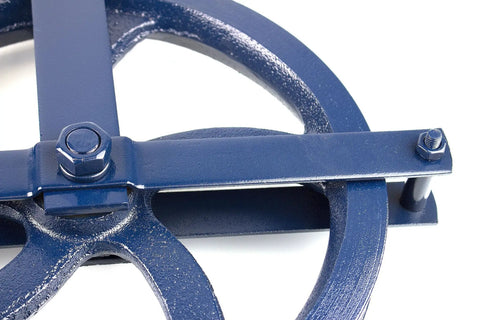 Close-up of navy blue gin wheel part of Heavy Duty 12 Inch Gin Wheel Block Set Of 2 For Rope Handling With Working Load Limit 1000 Lbs