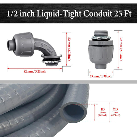 Image showing 25 ft Liquid Tight Conduit Kit Half Inch Flexible Non-Metallic with detailed dimensions and connector fittings.