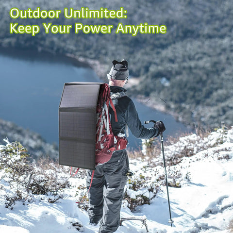 Person hiking with 40W Portable Foldable Solar Panel Charger With Kickstand For Outdoor Power Stations, backpack mounted