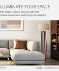 Walnut Birch Wood Floor Lamp With Natural Linen Drum Shade Three Way Dimmable Light beside a gray sofa in living room