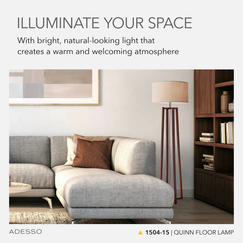 Walnut Birch Wood Floor Lamp With Natural Linen Drum Shade Three Way Dimmable Light beside a gray sofa in living room