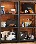 52 Inch Four Shelf Shelving Unit Black Beefy Heavy Duty Metal Rack Refurbished And Tested Like New For Garage Or Workshop Storage With Easy Assembly And All Accessories Included displaying tools and supplies