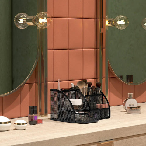 Durable Mesh Desk Organizer With Drawer Six Compartment Pen Holder And Stationery Organizer in black on a vanity with makeup items