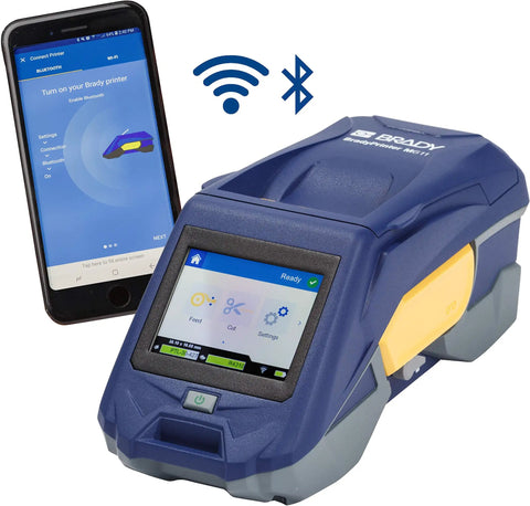 Badass Rugged Industrial Mobile Label Printer With Slick Bluetooth Setup For Grab And Go Wire Cable Tagging Or Heavy Duty Shop Work That Runs Flawless Every Single Time next to smartphone.