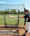Baseball player hitting into 7 By 7 Ft Baseball And Softball Batting Net For Practice Hitting And Pitching with carry bag and stakes.