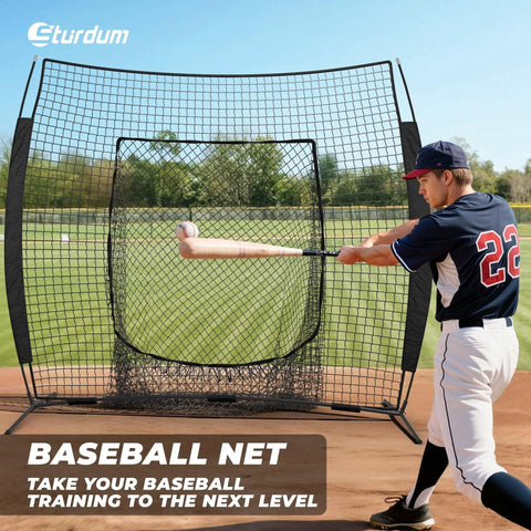Baseball player hitting into 7 By 7 Ft Baseball And Softball Batting Net For Practice Hitting And Pitching with carry bag and stakes.