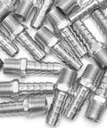 Premium Stainless Steel 316 Barb Connector Fitting 3/8 Inch Hose To 1/4 Inch Male NPT Adapter Bulk Pack Of Seven Hundred close-up of multiple heavy-duty fittings.
