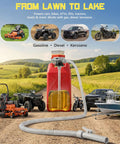 5 Gpm Cordless Fuel Transfer Pump With Auto Shut Off And Beep Alert, Heavy Duty Electric Gasoline Diesel Pumper Transfers Fluids No Sweat, showcased with vehicles and landscape.