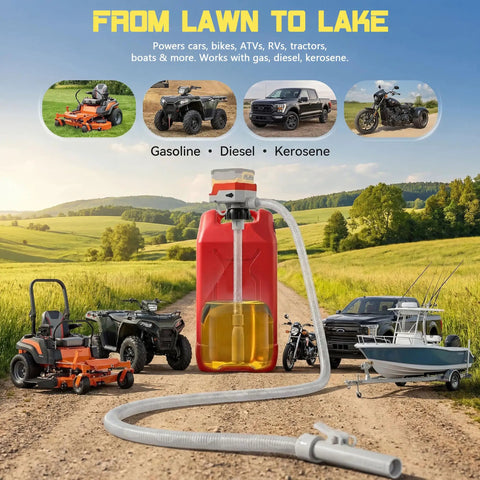 5 Gpm Cordless Fuel Transfer Pump With Auto Shut Off And Beep Alert, Heavy Duty Electric Gasoline Diesel Pumper Transfers Fluids No Sweat, showcased with vehicles and landscape.
