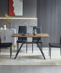 Modern Wood Top Dining Table With Sturdy Black Metal Base And Center Shelf For Kitchen Or Office With Rounded Child Safe Edges in stylish setting.