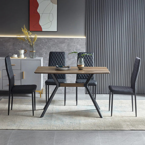 Modern Wood Top Dining Table With Sturdy Black Metal Base And Center Shelf For Kitchen Or Office With Rounded Child Safe Edges in stylish setting.