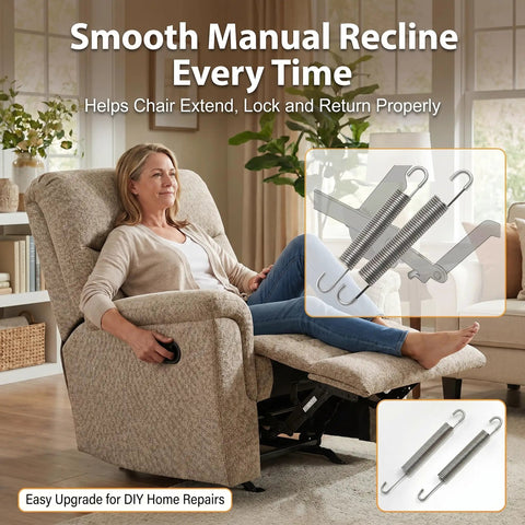 Top Notch Heavy Duty Stainless Steel Replacement Recliner Tension Springs Fix Your Saggy Sofa Mechanism With Buttery Smooth Tilt Lock And Return Action Rock Solid Couch Upgrade For Home Theater Setup Two Pack Six Point Five Inch with woman using recliner.