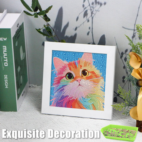 Diamond Art Kit For Kids Ages 8 To 12 6x6 Canvas With 7x7 Frame Kid Friendly No Fuss Easy Starter Set For Beginners Colorful Cat Design