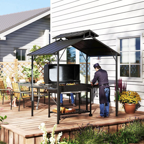Hardtop Grill Gazebo For Outdoor Cooking With Double Roof 8 Ft By 5 Ft BBQ Canopy Two Side Shelves And Ten Hooks Weatherproof Patio Backyard Lawn Deck Shelter For Rain Or Shine installed on deck