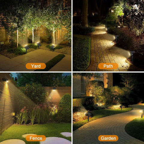 8 Pack Solar Powered Spot Lights Outdoor With 76 LED For 700 Lumens Warm White, illuminating yard, path, fence, and garden.