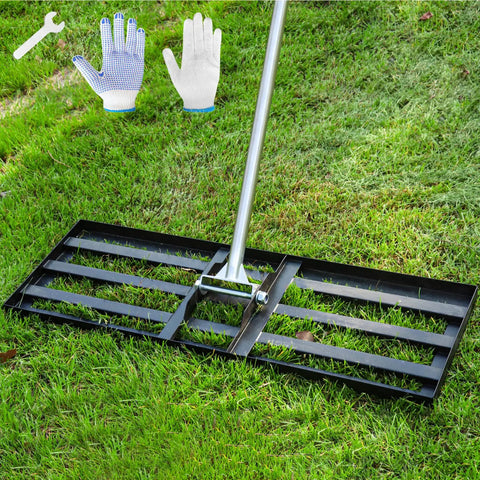 Extra Wide Lawn Leveling Rake 36 By 10 Inch With Adjustable Steel Handle on grass; includes gloves and wrench