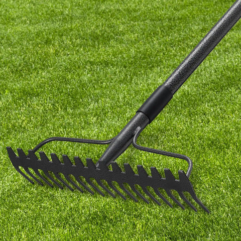 63 Inch Bow Rake With 17 Steel Tines And Stainless Handle on grass, heavy duty garden rake for loosening soil and lawn care