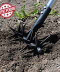 66 Inch Rotary Cultivator With Tempered Spring Steel Tines And Adjustable Stainless Steel Handle in soil.