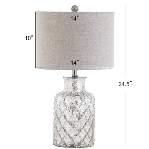Alvord Mercury Silver Quatrefoil Glass Table Lamps Set of 2 Sleek Modern Nightstand Lighting With Grey Linen Drum Shades LED Bulbs Included