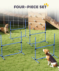 4 Piece Dog Agility Jump Set With Adjustable Heights Displacing Top Bar Easy Carry Bag Durable PVC Poles on grass with dogs