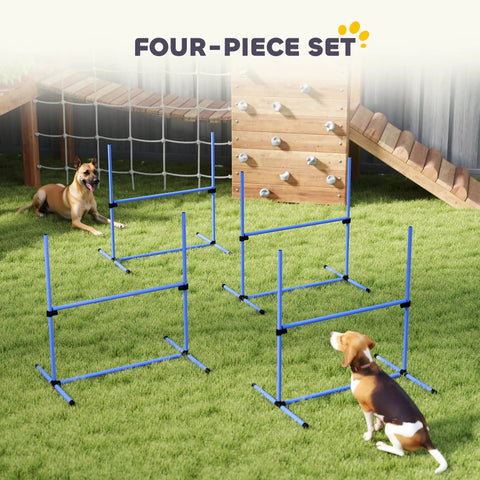 4 Piece Dog Agility Jump Set With Adjustable Heights Displacing Top Bar Easy Carry Bag Durable PVC Poles on grass with dogs