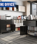 Office space featuring 35 Inch Adjustable Tool Storage Cabinet With Silent Glide Lockable Casters And Industrial Grade Secure Latch For Zero Drama Garage Organization In Matte Black.