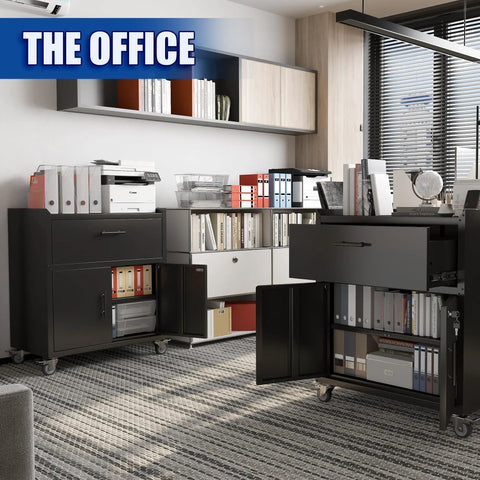 Office space featuring 35 Inch Adjustable Tool Storage Cabinet With Silent Glide Lockable Casters And Industrial Grade Secure Latch For Zero Drama Garage Organization In Matte Black.