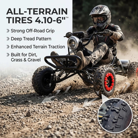 Rider in helmet on Electric Go Kart For Adults And Kids With 48V 2000W Motor Delivers 12 To 31 MPH Gnarly Off Road Thrills On 6 Inch All Terrain Tires