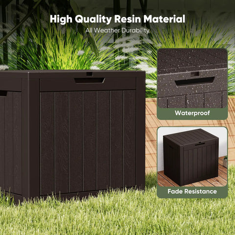 Weatherproof 31 Gallon Deck Box With Lockable Lid For Outdoor Patio Garden And Backyard Storage Keeps Cushions Tools And Packages Safe And Grab-And-Go Ready For Secure Deliveries And Indoor Or Outdoor Use Durable Resin Chest, shown with waterproof and fade-resistant features.