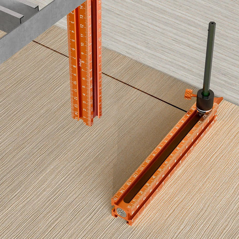 Four Sided Magnetic Layout Scriber With Laser Etched Scale For Straight On Measuring In Woodworking And DIY Carpentry Builds showing precise measurements on wood.