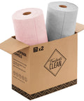 Front view of Fantasticlean microfiber cleaning cloth rolls pink and gray, 12x12 inches in a cardboard box (2 rolls).