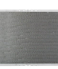 Complete Engine Radiator With Bolt On Fit For Maximum Cooling Efficiency And Straight Swap Installation, front view with metal fins and plastic connectors.