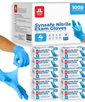 Blue Nitrile Exam Gloves 4 Mil Heavy Duty 1000 Count Bulk Box Powder Free Latex Free Chemical Resistant showing a hand putting on a glove.