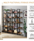 5 Tier Industrial Bookcase With Black Metal Frame Brown Finish Space Saving Storage Organizer displaying books and decor