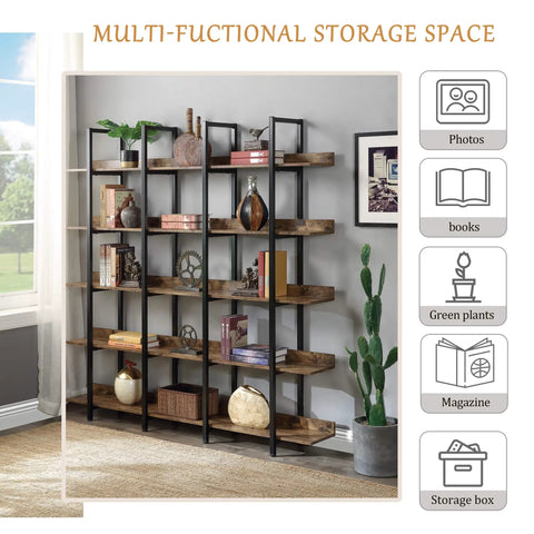 5 Tier Industrial Bookcase With Black Metal Frame Brown Finish Space Saving Storage Organizer displaying books and decor