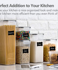 Eight Piece Airtight Food Storage Canisters With Lids For Pantry Organization, Plastic Containers holding pasta, oats, and sugar.
