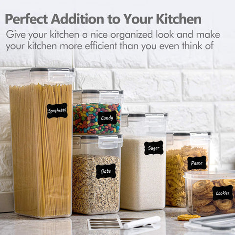 Eight Piece Airtight Food Storage Canisters With Lids For Pantry Organization, Plastic Containers holding pasta, oats, and sugar.